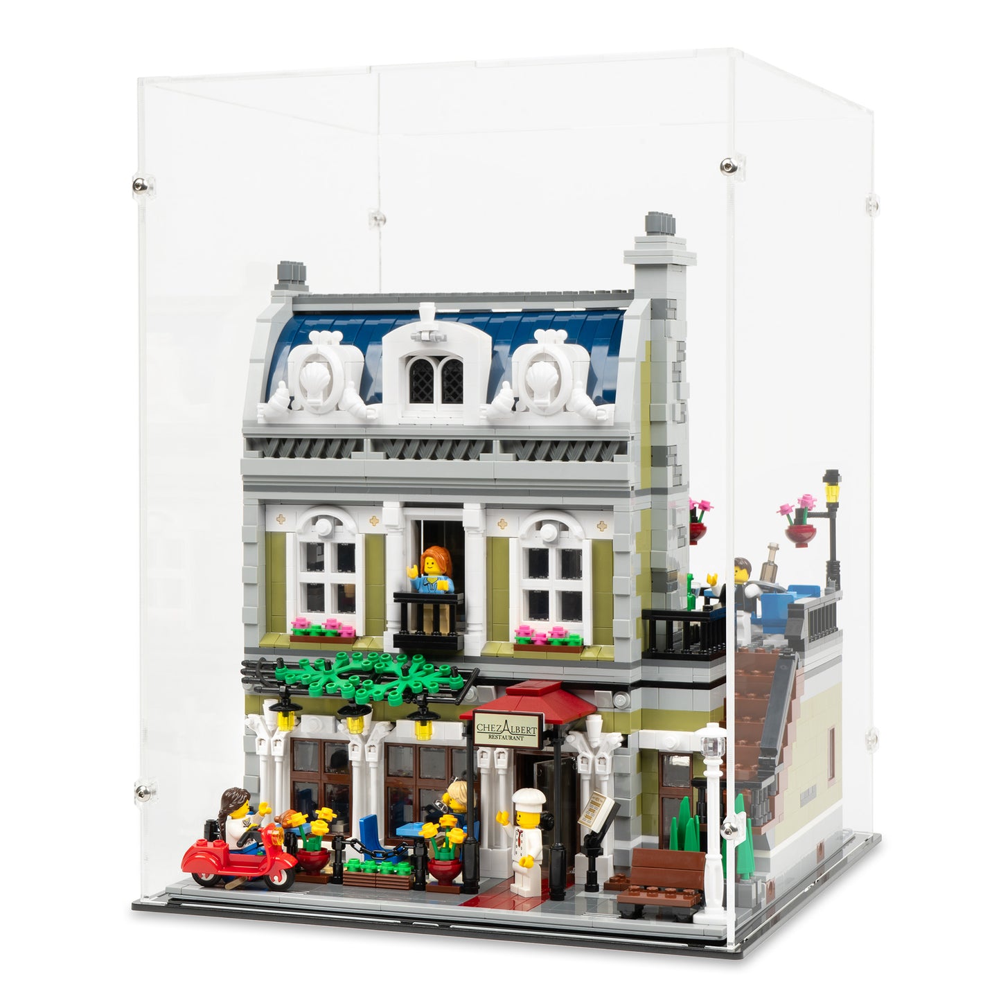 Angled view of LEGO 10243 Parisian Restaurant Display Case.