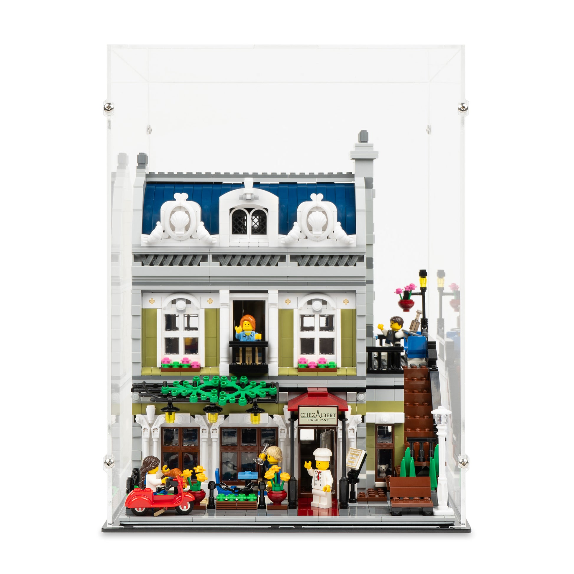 Front view of LEGO 10243 Parisian Restaurant Display Case.