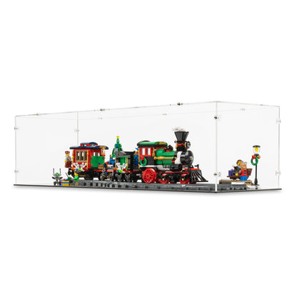 Angled view of LEGO 10254 Winter Holiday Train Display Case with a black base.