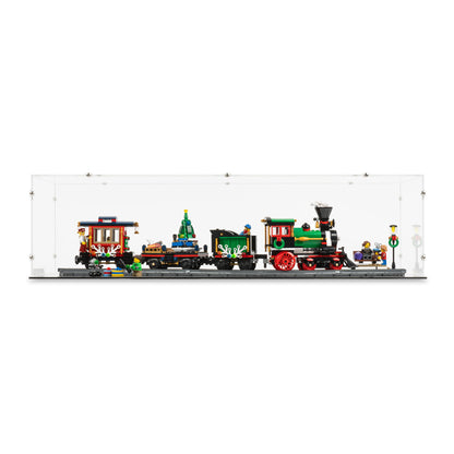 Front view of LEGO 10254 Winter Holiday Train Display Case with a black base.