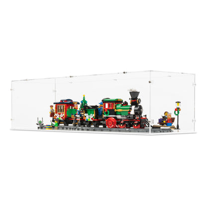 Angled view of LEGO 10254 Winter Holiday Train Display Case with a white base.