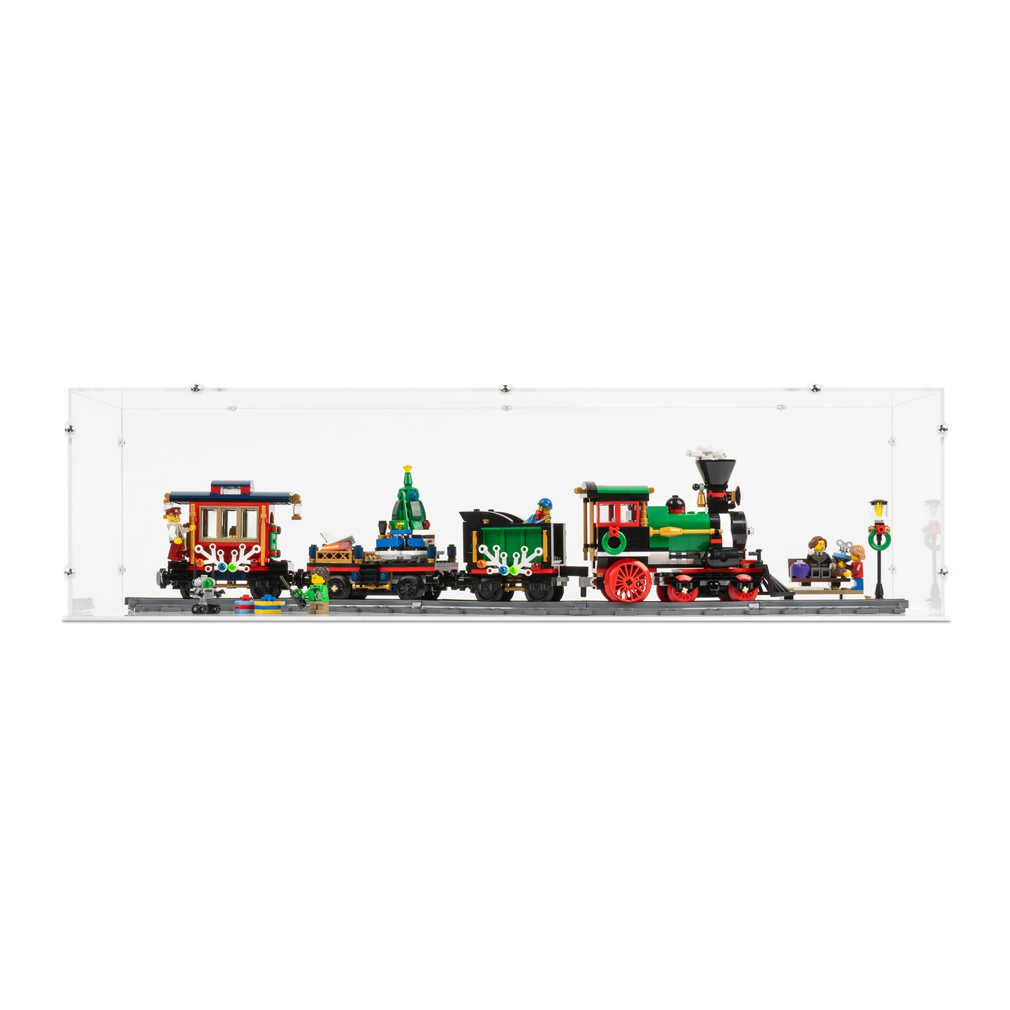 Front view of LEGO 10254 Winter Holiday Train Display Case with a white base.