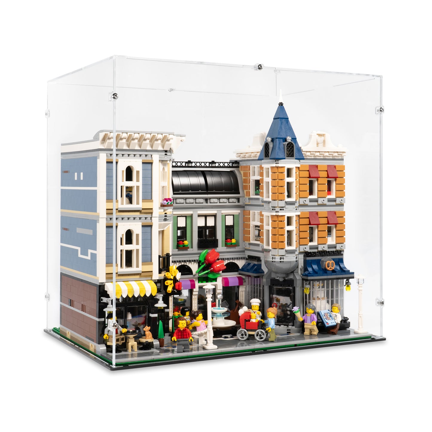 Angled view of LEGO 10255 Assembly Square Display Case.