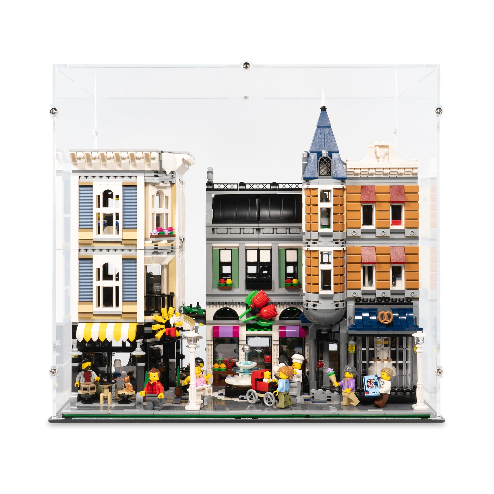 Front view of LEGO 10255 Assembly Square Display Case.