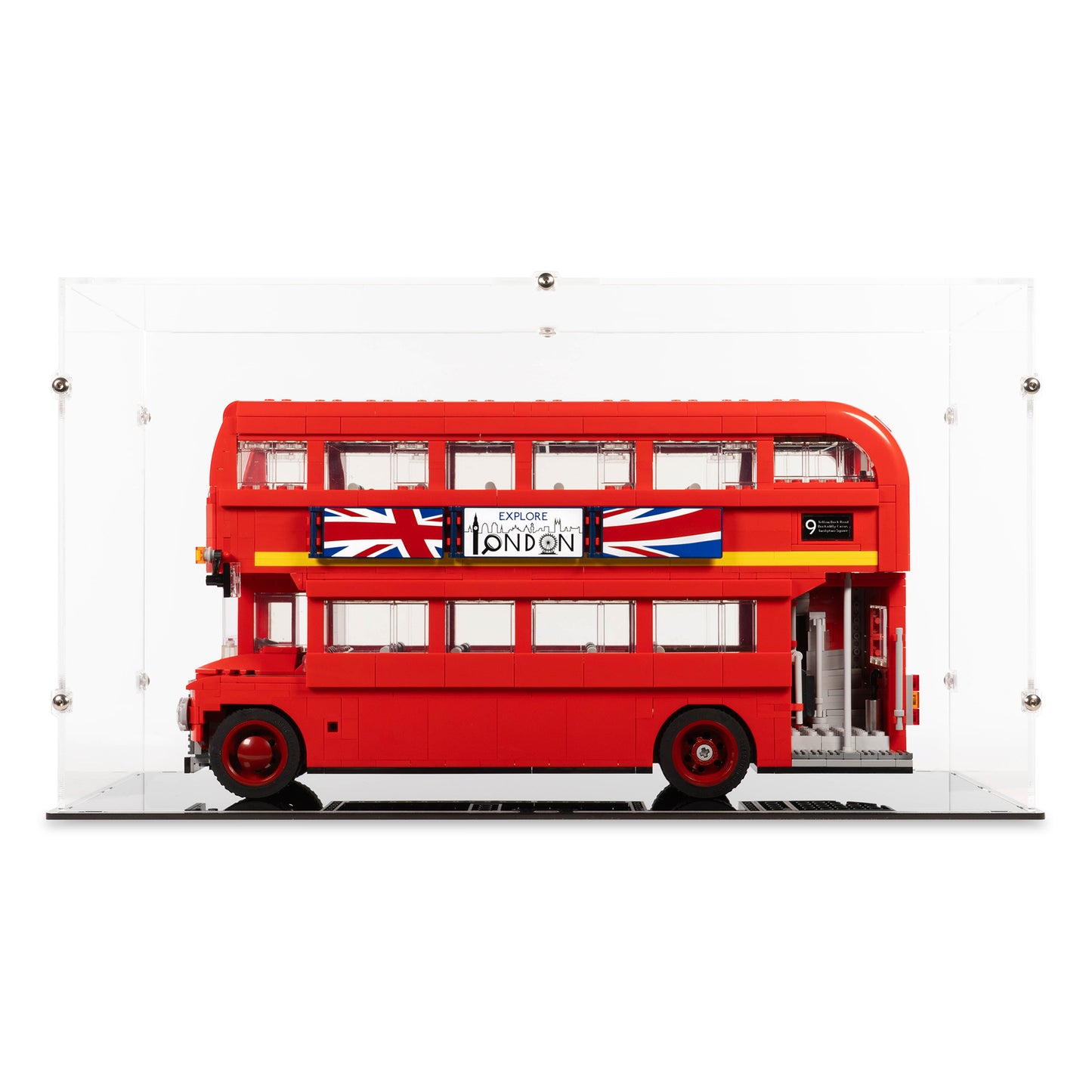 Front view of LEGO 10258 London Bus Display Case.
