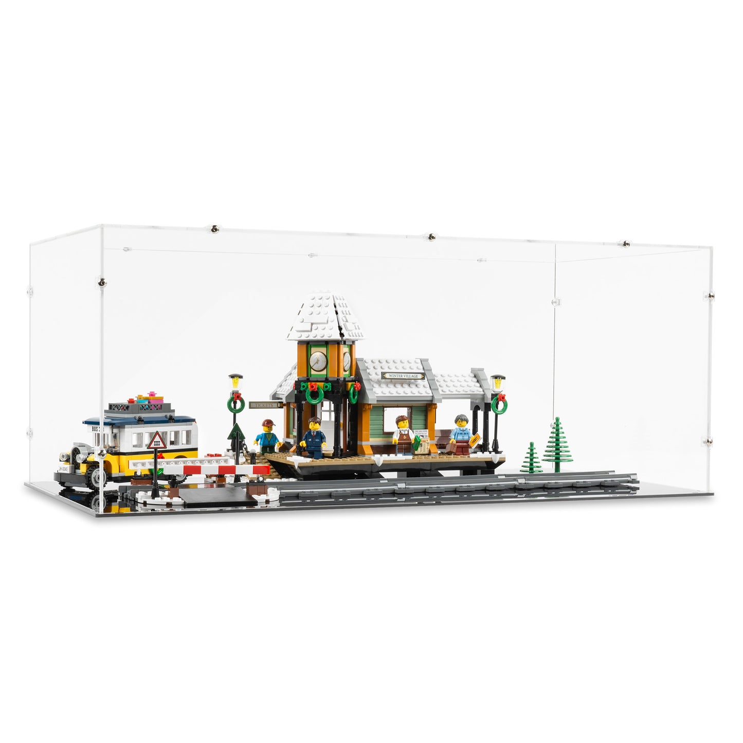 Angled view of LEGO 10259 Winter Village Station Display Case with a black base.