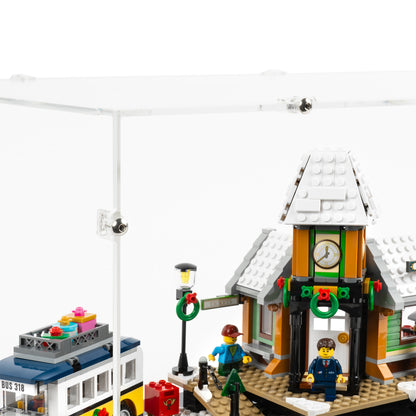 Fitting detail view of LEGO 10259 Winter Village Station Display Case with a black base.
