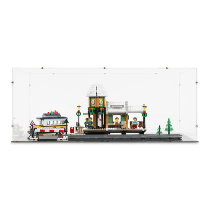 Front view of LEGO 10259 Winter Village Station Display Case with a black base.