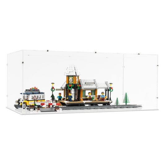 Angled view of LEGO 10259 Winter Village Station Display Case with a white base.