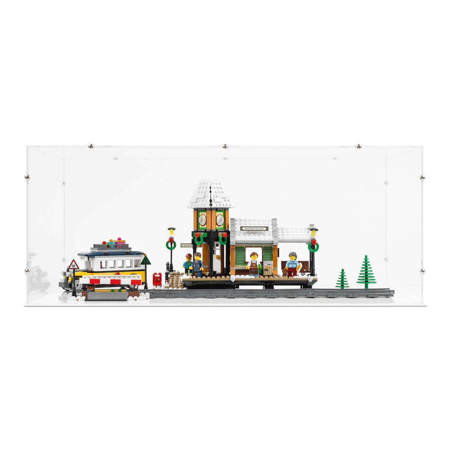 Front view of LEGO 10259 Winter Village Station Display Case with a white base.