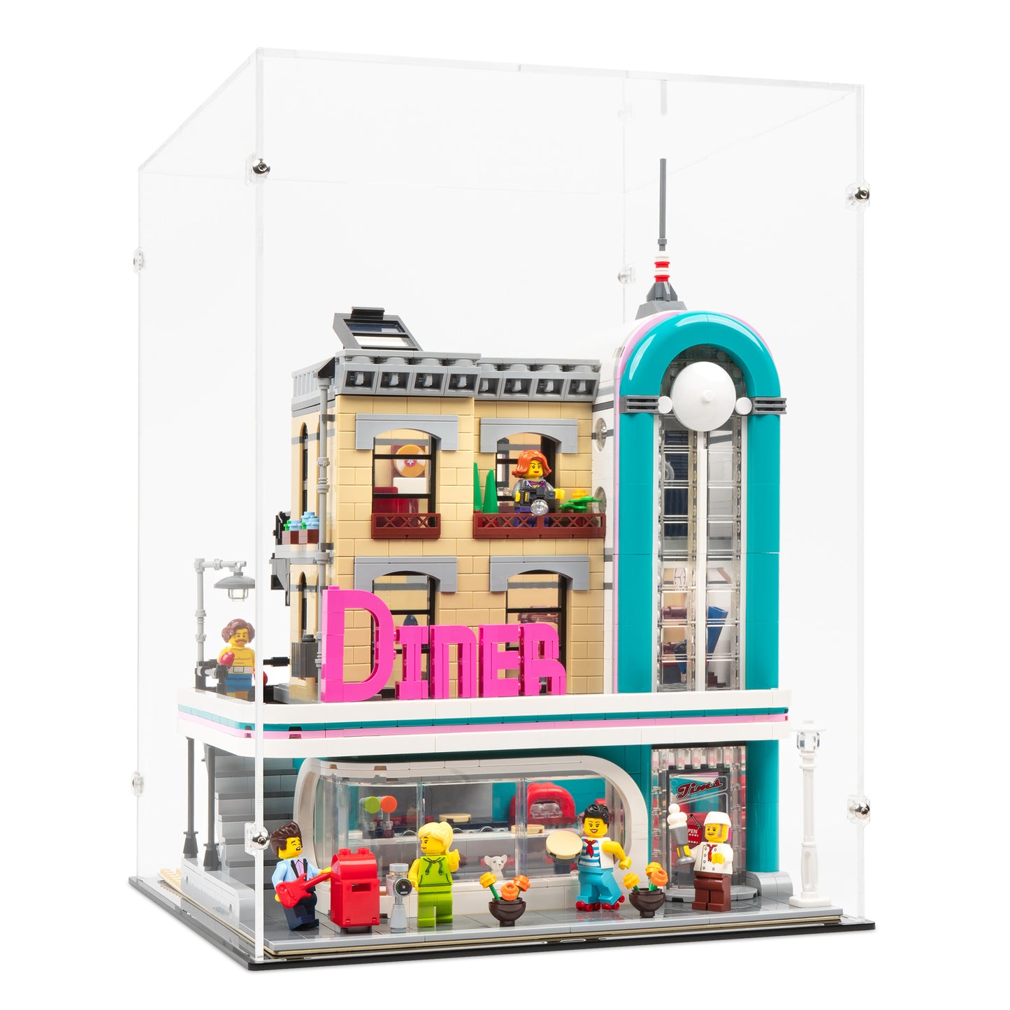 Angled view of LEGO 10260 Downtown Diner Display Case.