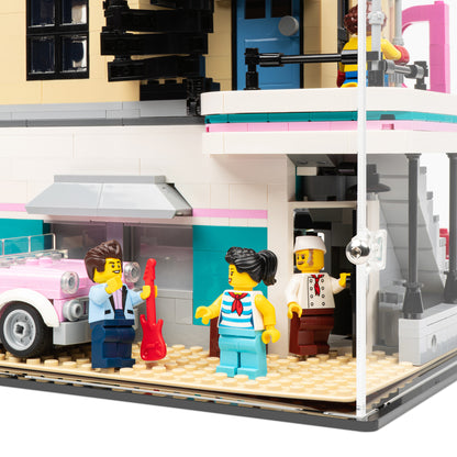 Back angled view of LEGO 10260 Downtown Diner Display Case.
