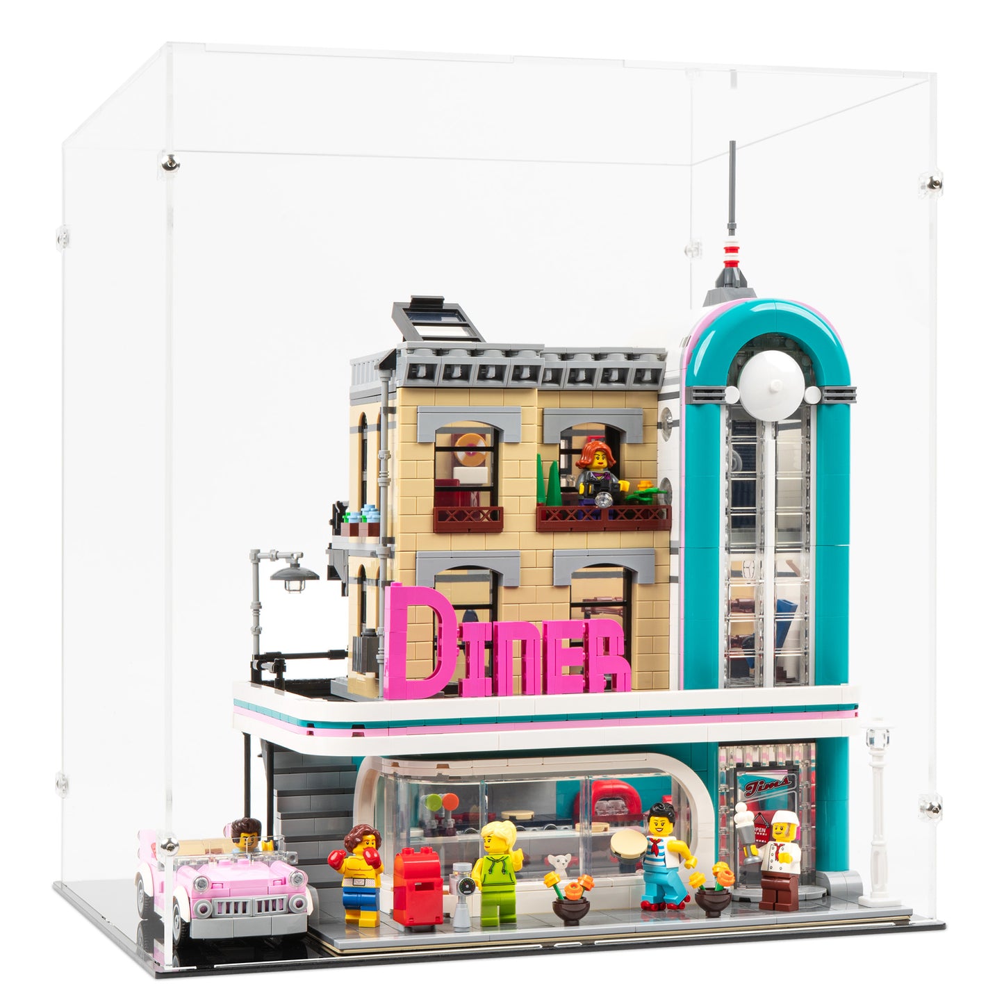 Angled view of LEGO 10260 Downtown Diner Extended Display Case.