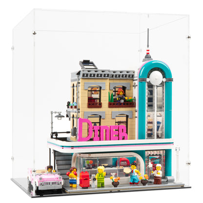 Angled view of LEGO 10260 Downtown Diner Extended Display Case.