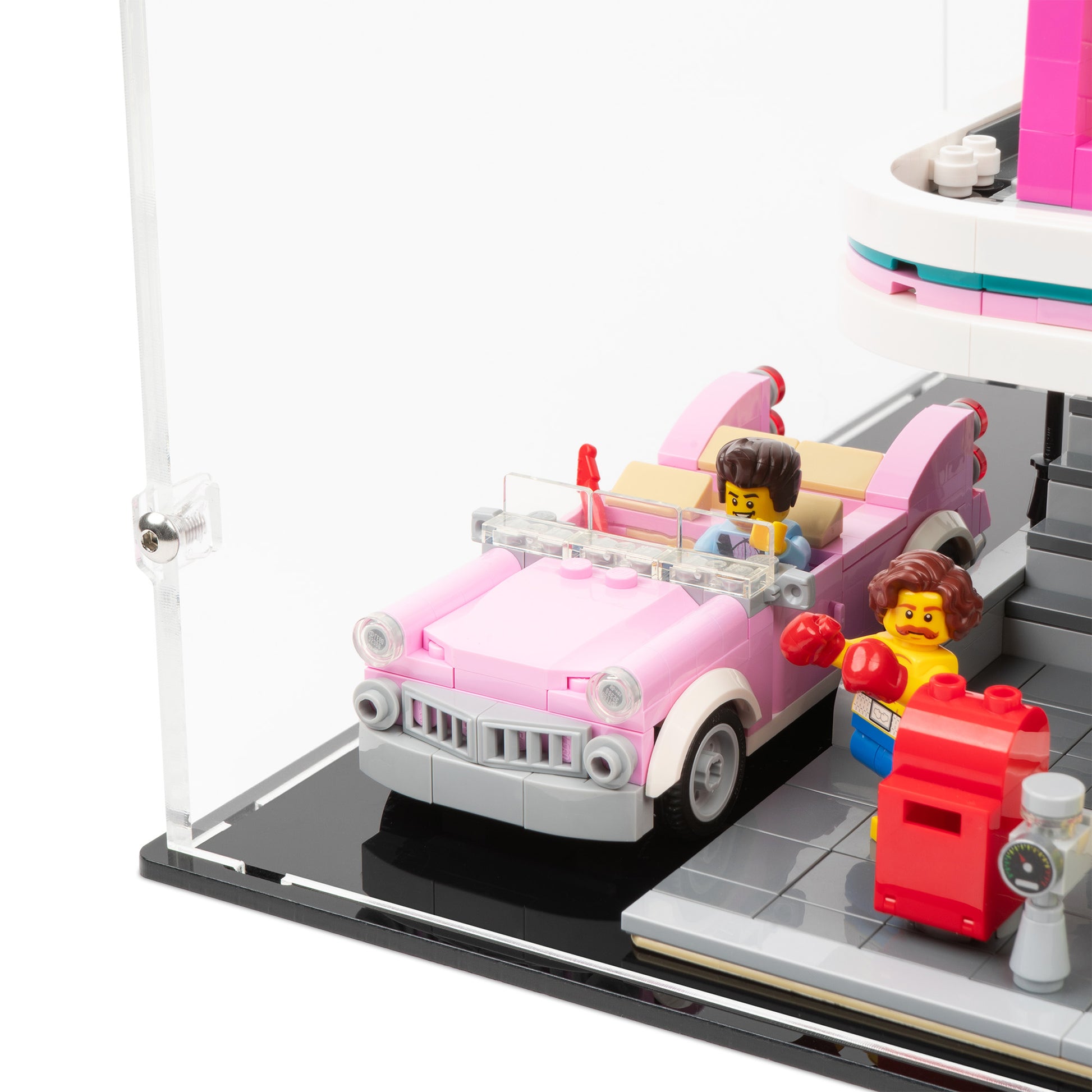Fitting detail view of LEGO 10260 Downtown Diner Extended Display Case.