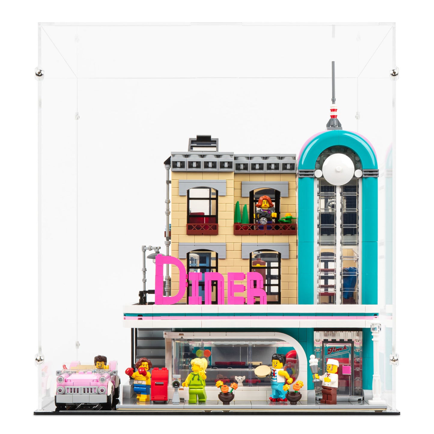 Front view of LEGO 10260 Downtown Diner Extended Display Case.