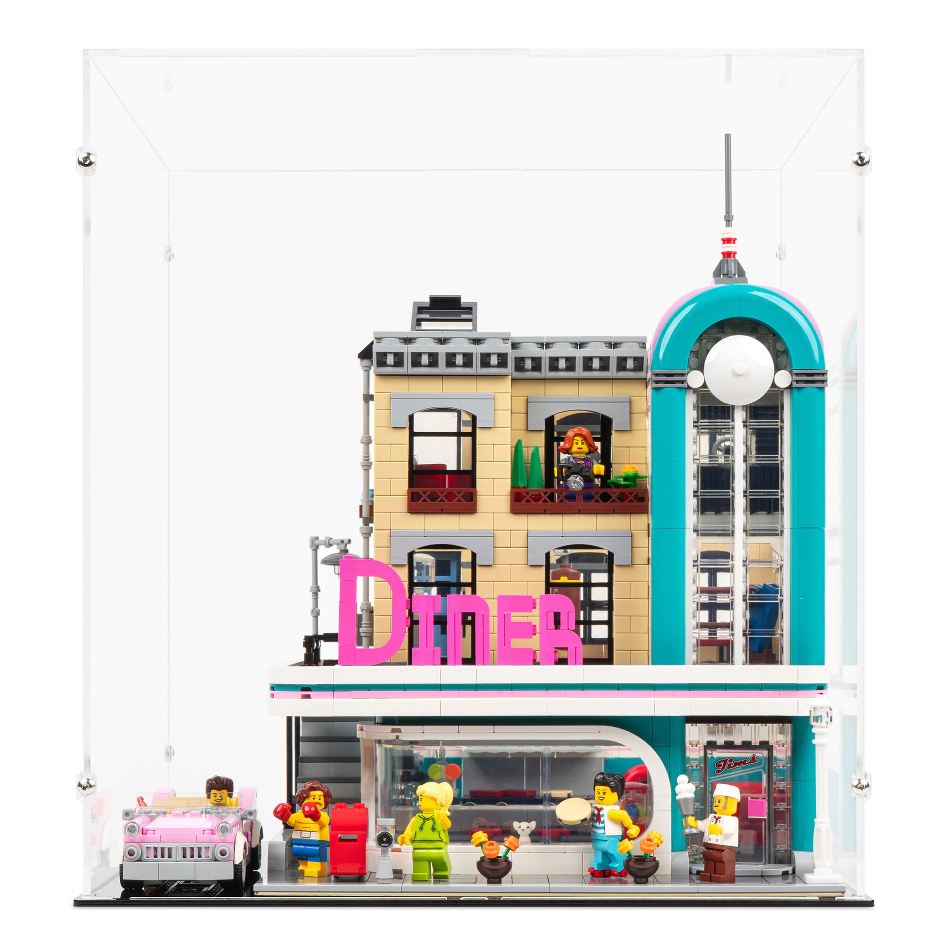 Front view of LEGO 10260 Downtown Diner Extended Display Case.