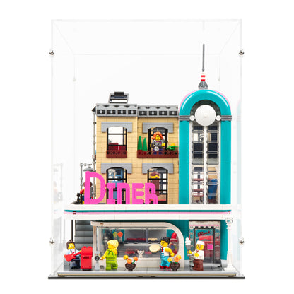 Front view of LEGO 10260 Downtown Diner Display Case.