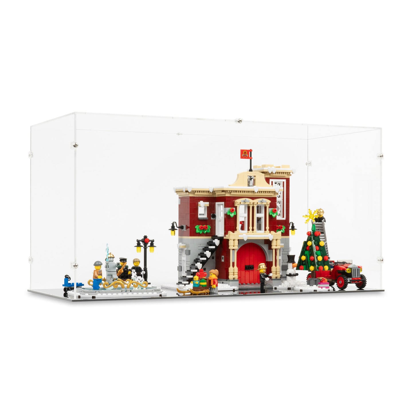 Angled view of LEGO 10263 Winter Village Fire Station Display Case with a black base.