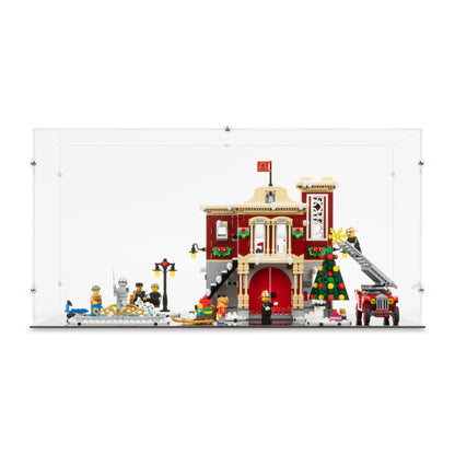 Front view of LEGO 10263 Winter Village Fire Station Display Case with a black base.