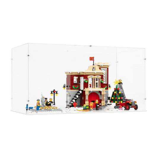 Angled view of LEGO 10263 Winter Village Fire Station Display Case with a white base.