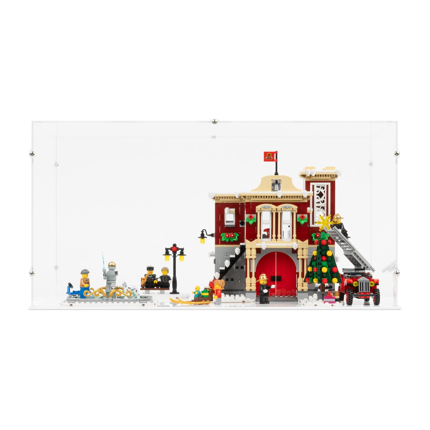 Front view of LEGO 10263 Winter Village Fire Station Display Case with a white base.