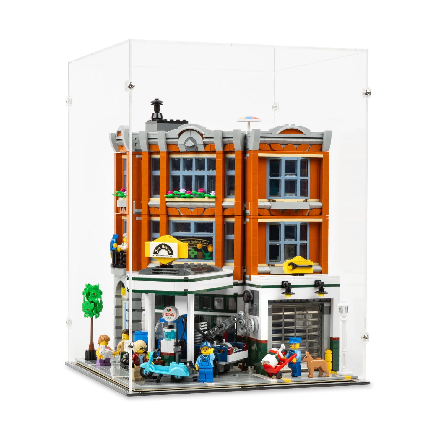 Angled view of LEGO 10264 Corner Garage Display Case.