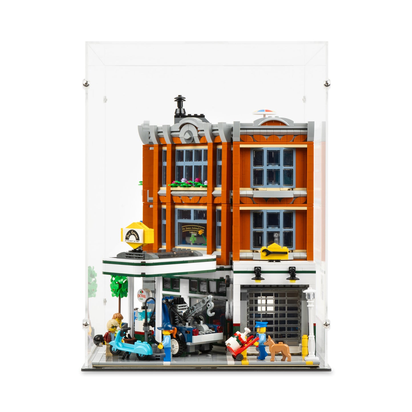 Front view of LEGO 10264 Corner Garage Display Case.