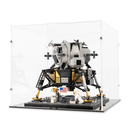 Angled view of LEGO 10266 NASA Apollo 11 Lunar Lander Display Case.