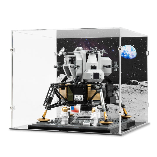 Angled view of LEGO 10266 NASA Apollo 11 Lunar Lander Display Case with a UV printed background.