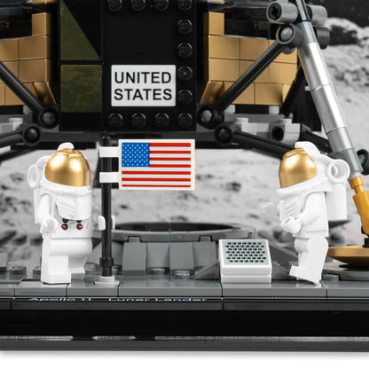 Lander detail view of LEGO 10266 NASA Apollo 11 Lunar Lander Display Case with a UV printed background.