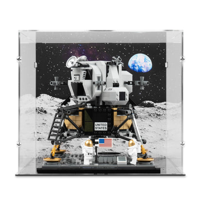 Front view of LEGO 10266 NASA Apollo 11 Lunar Lander Display Case with a UV printed background.