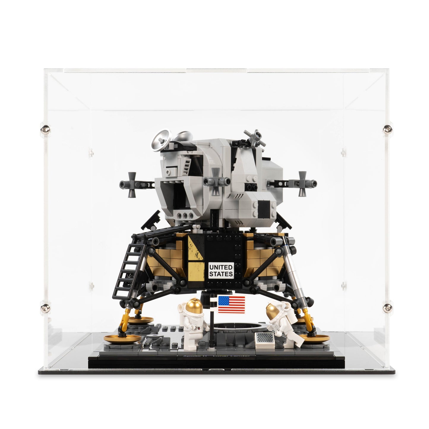 Front view of LEGO 10266 NASA Apollo 11 Lunar Lander Display Case.