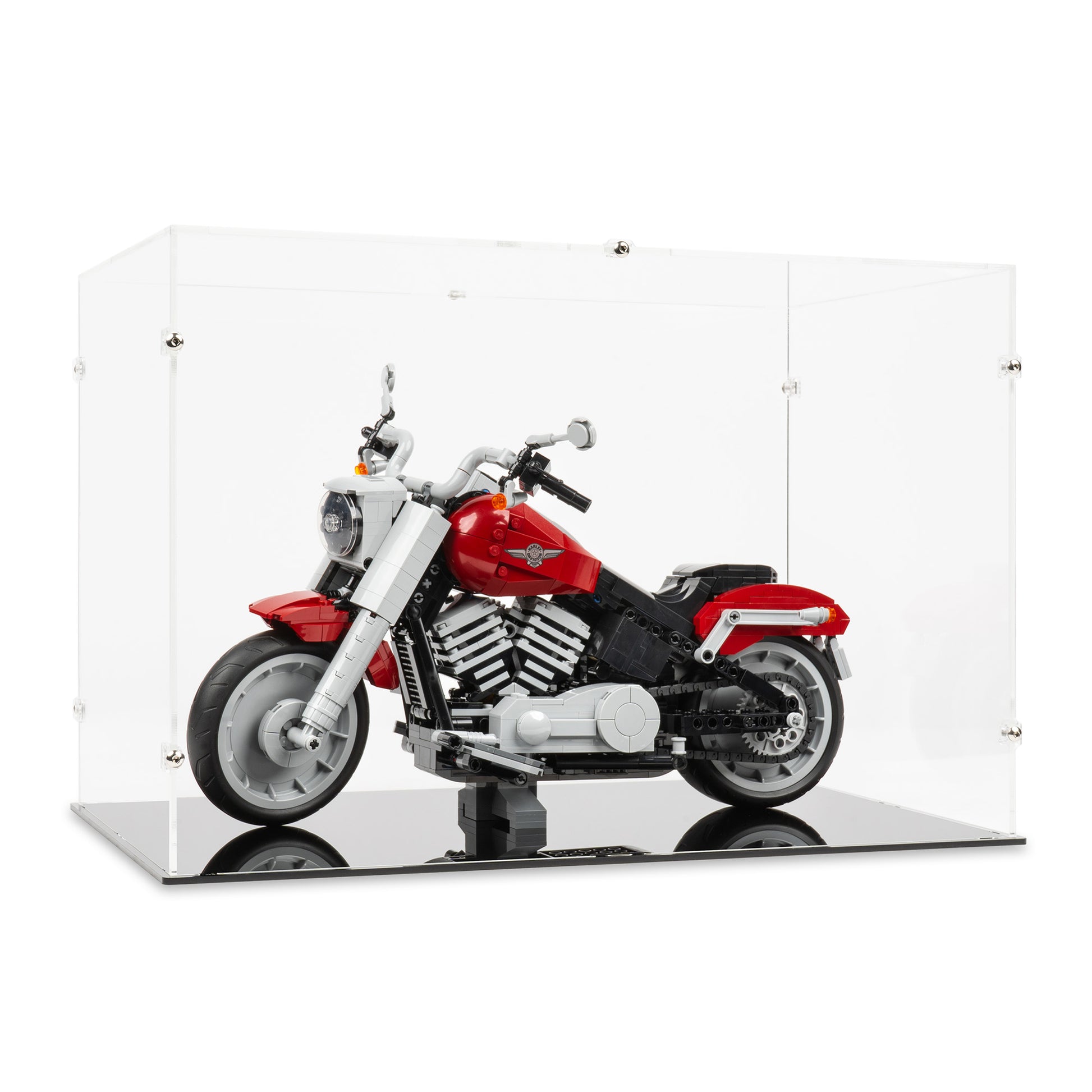 Angled view of LEGO 10269 Harley-Davidson Fat Boy® Display Case.