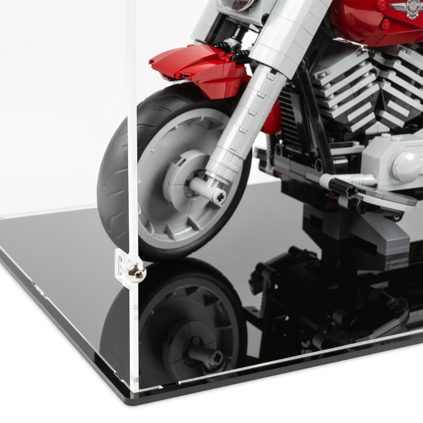 Fitting detail view of LEGO 10269 Harley-Davidson Fat Boy® Display Case.