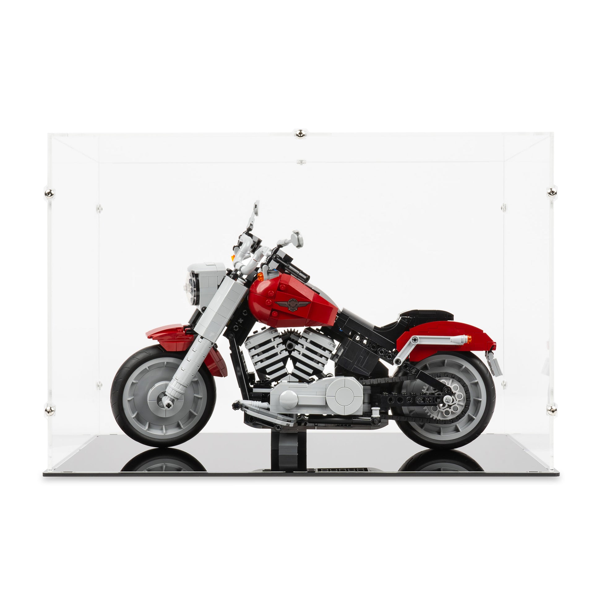 Front view of LEGO 10269 Harley-Davidson Fat Boy® Display Case.