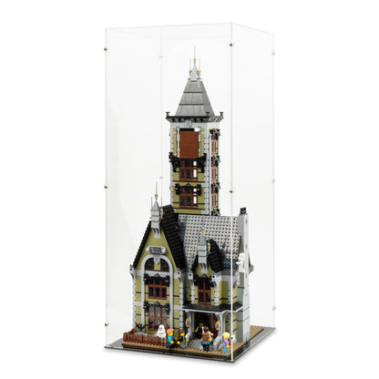 Angled view of LEGO 10273 Haunted House Closed Display Case.
