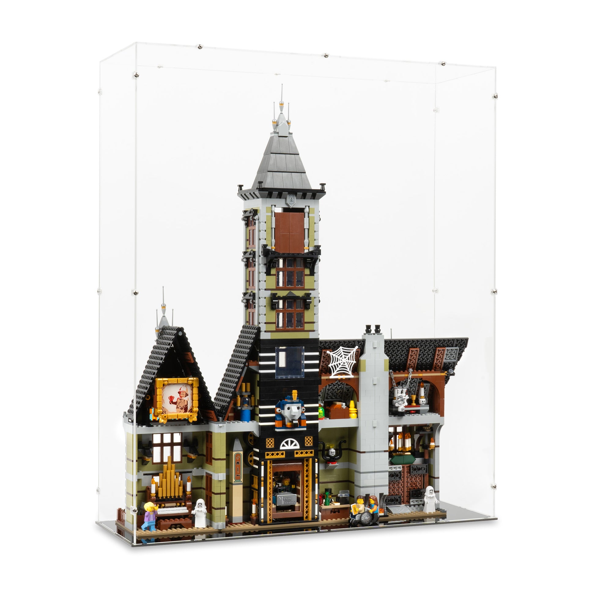 Angled view of LEGO 10273 Haunted House Open Display Case.