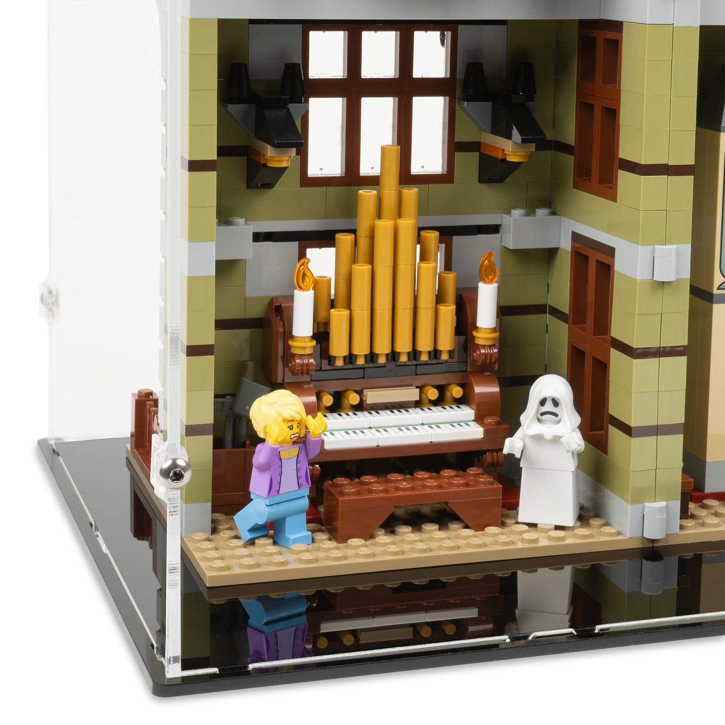 Fitting detail view of LEGO 10273 Haunted House Open Display Case.