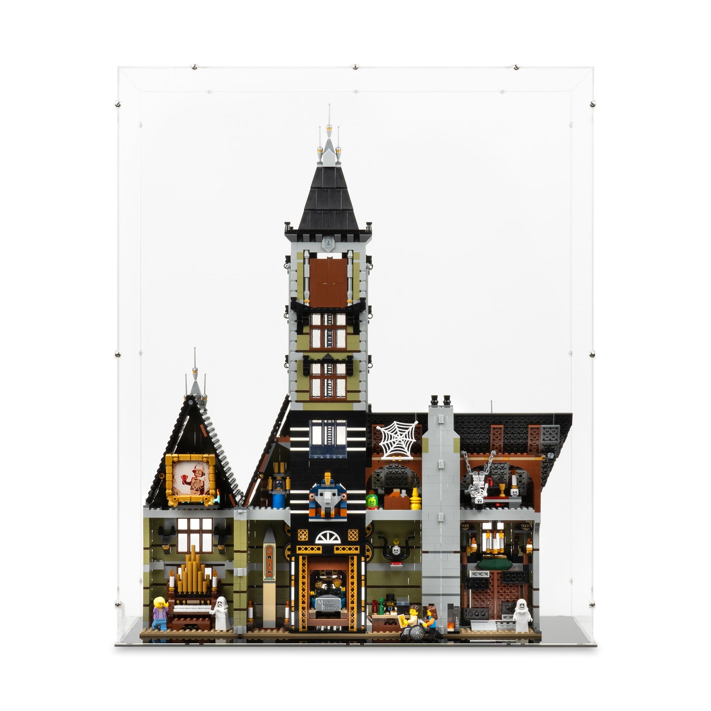 Front view of LEGO 10273 Haunted House Open Display Case.