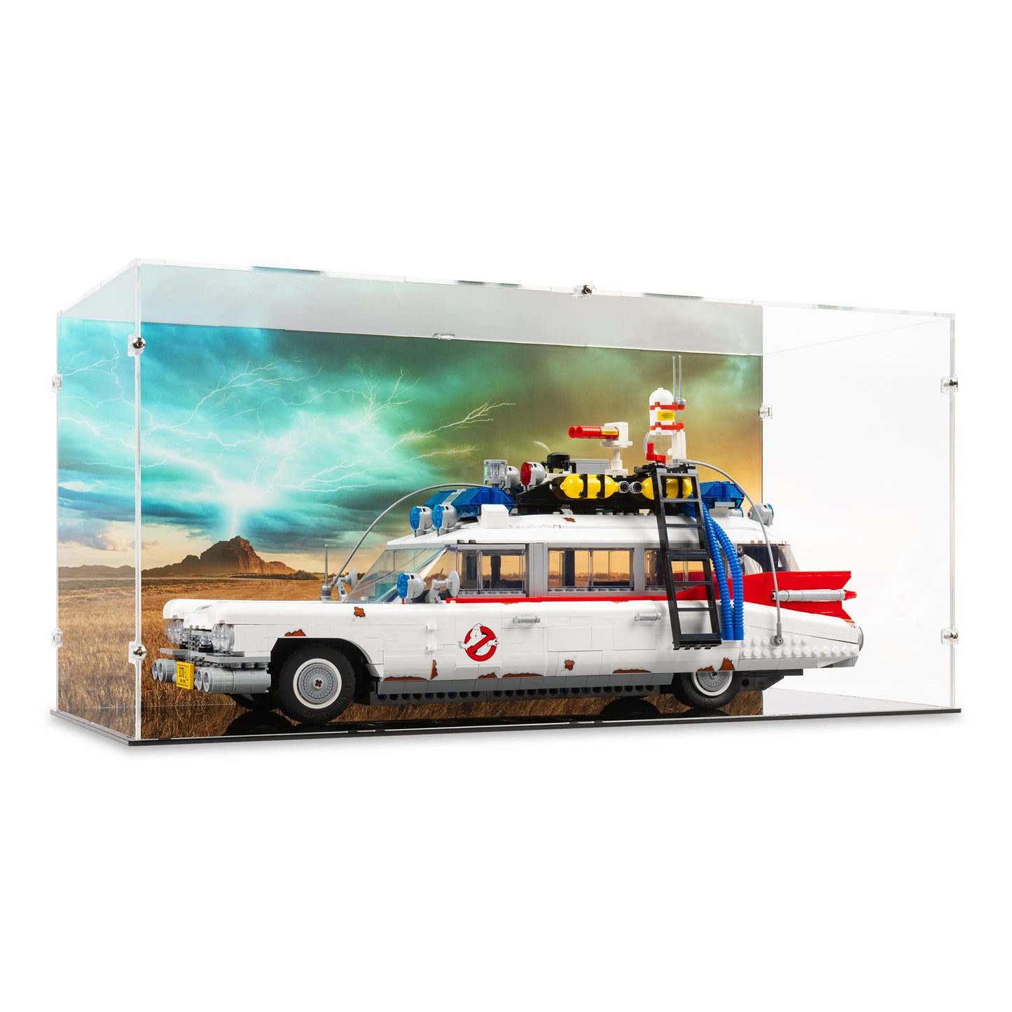 Angled view of LEGO 10274 Ghostbusters ECTO-1 Display Case with a UV printed background.