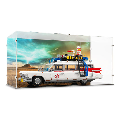 Angled view of LEGO 10274 Ghostbusters ECTO-1 Display Case with a UV printed background.