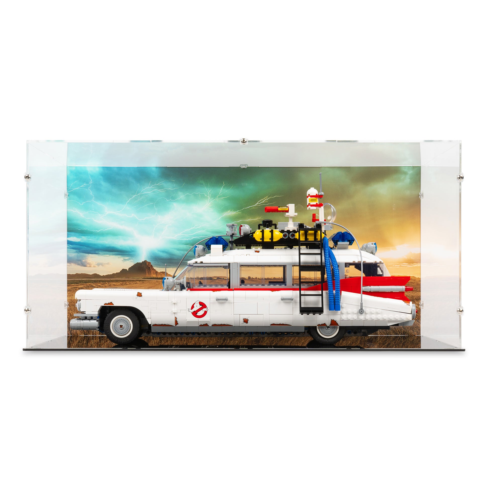 Front view of LEGO 10274 Ghostbusters ECTO-1 Display Case with a UV printed background.