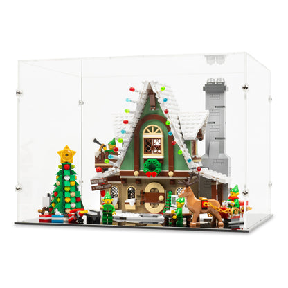 Angled view of LEGO 10275 Elf Club House Display Case with a black base.