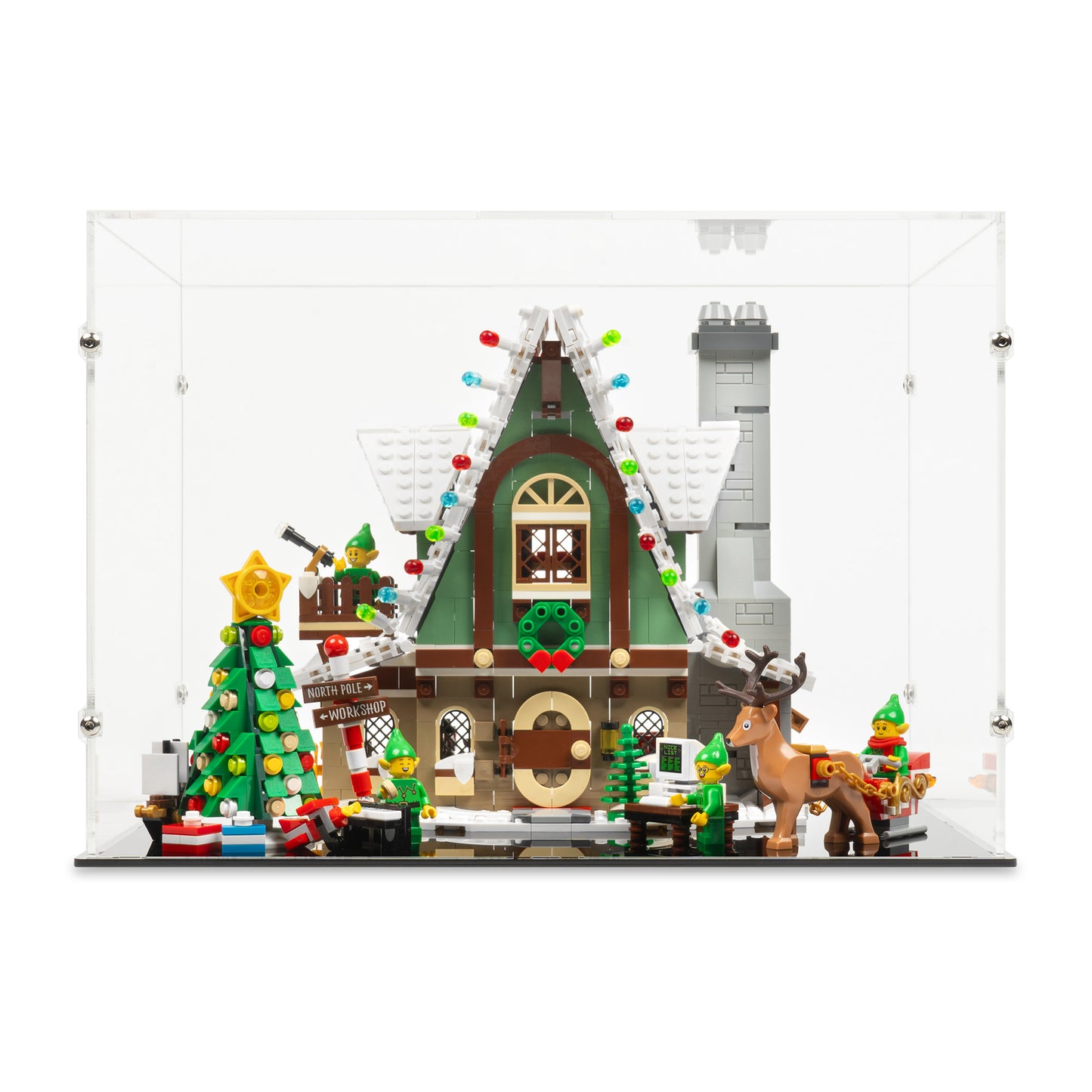 Front view of LEGO 10275 Elf Club House Display Case with a black base.