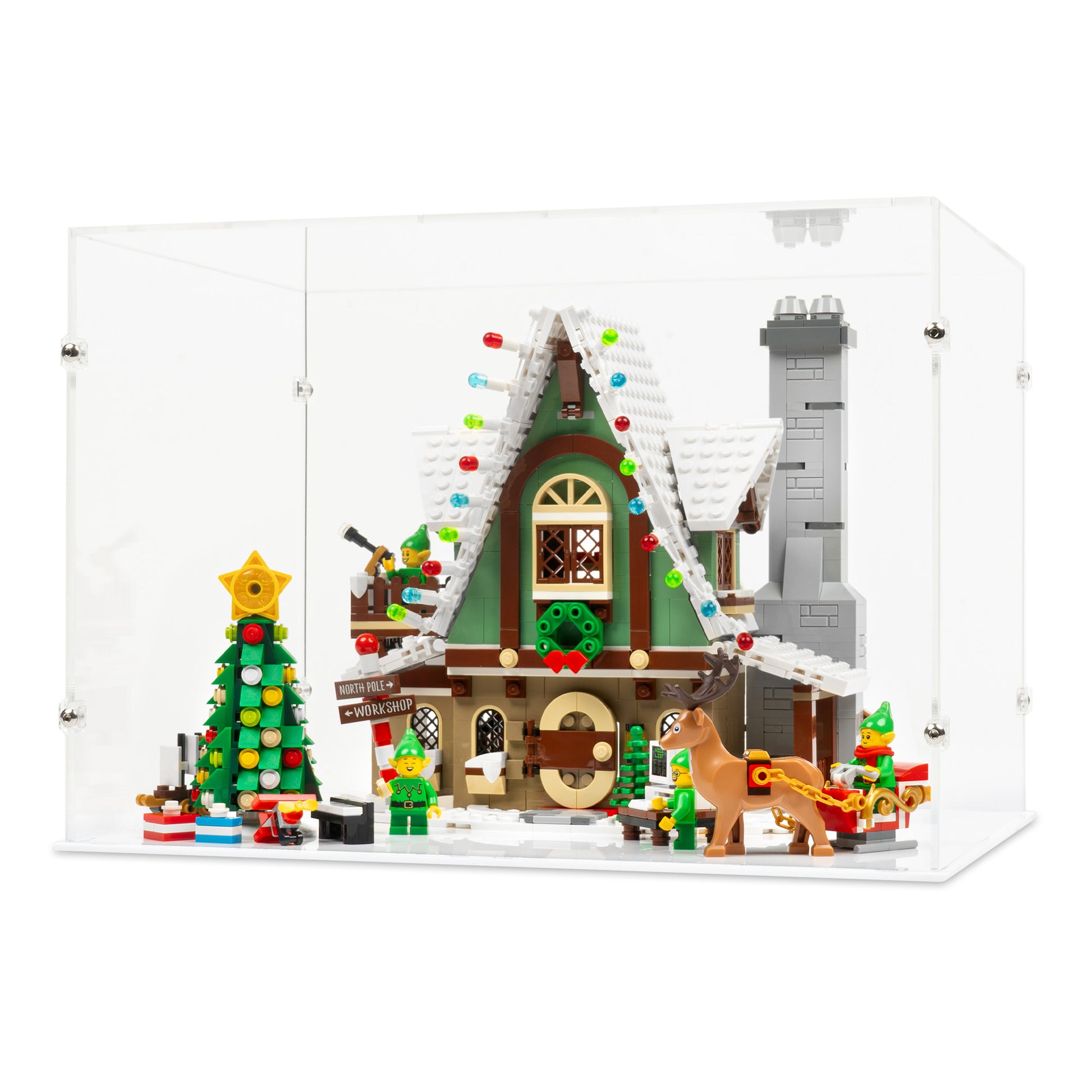 Angled view of LEGO 10275 Elf Club House Display Case with a white base.