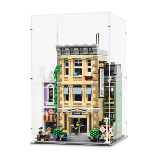 Angled view of LEGO 10278 Police Station Display Case.