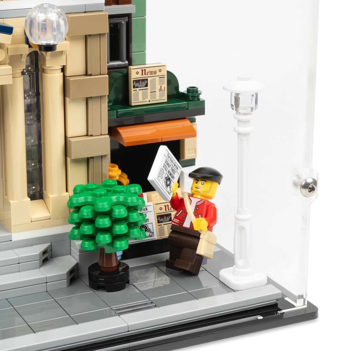 Fitting detail view of LEGO 10278 Police Station Display Case.