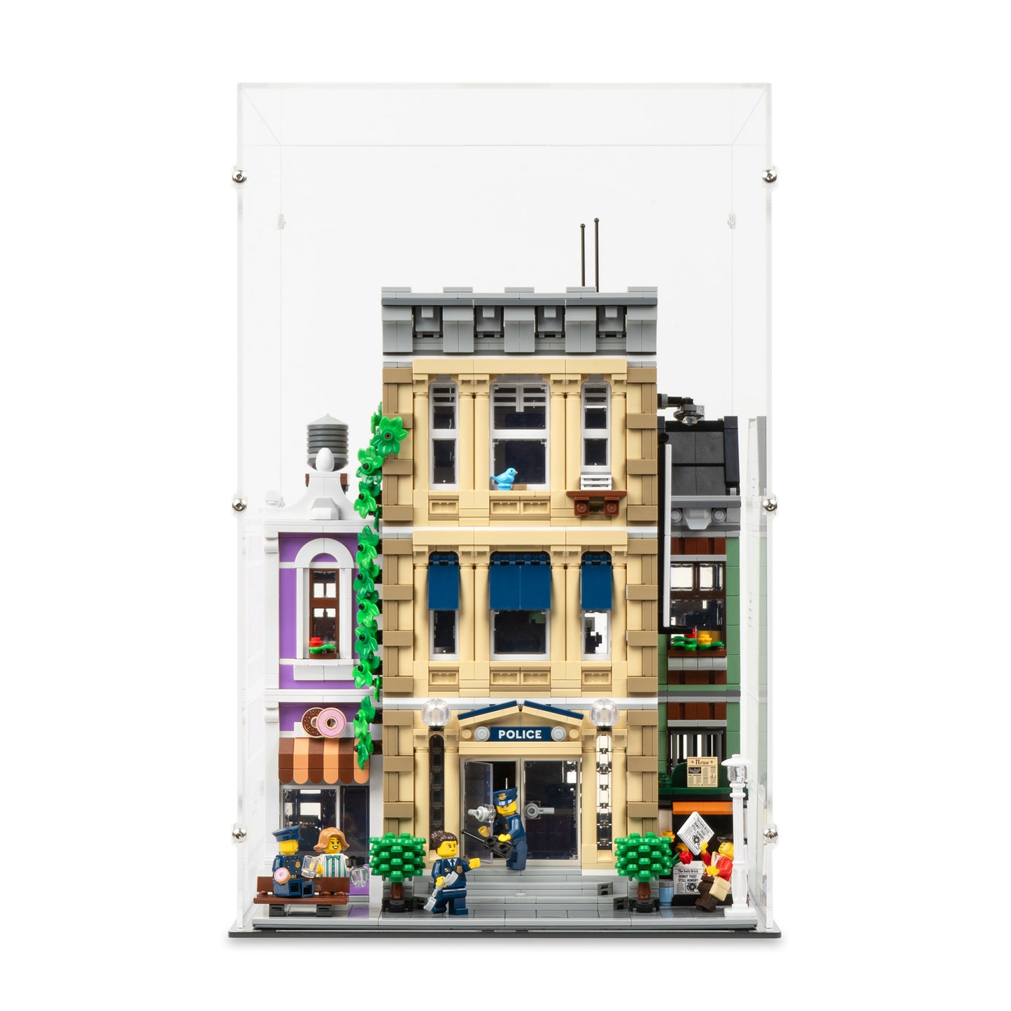 Front view of LEGO 10278 Police Station Display Case.