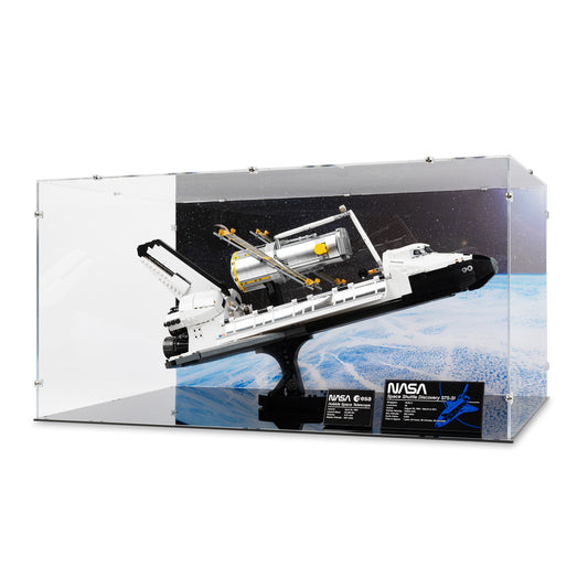 Angled view of LEGO 10283 NASA Space Shuttle Discovery Display Case with a UV printed background.